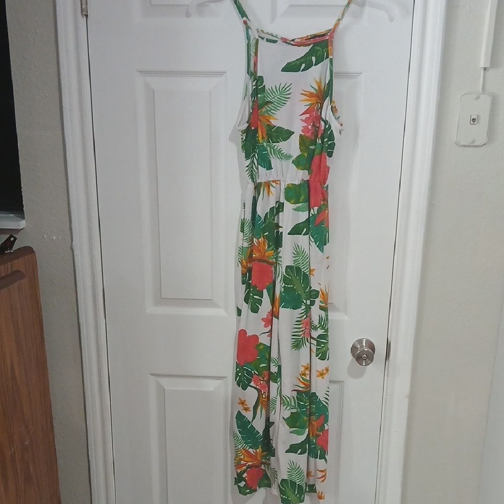 Tropical Print Wide-Leg Jumpsuit - White with Green & Coral Floral